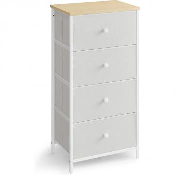 Cómoda de tela para dormitorio con 4 cajones, marco de metal, disponible en gris claro y blanco o amarillo camello y blanco crema