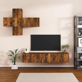 Juego de muebles para TV 7 piezas en madera contrachapada de roble ahumado