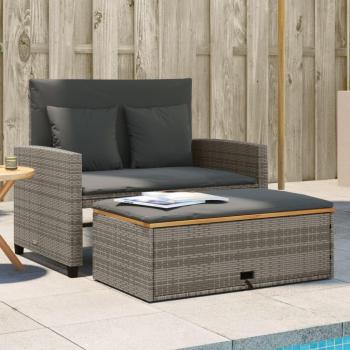 Gray 2-Seater Garden Sofa with Cushions in Poly Rattan & Acacia Wood