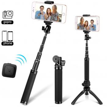 Fotopro Palo Selfie para Gopro, Selfie Stick con Mini Trípode, Monopié con Control Remoto Bluetooth para iPhone, Samsung Galaxy，Huawei，Xiaomi
