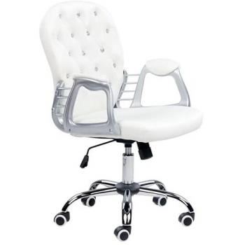 Silla de Oficina Blanca de Piel Sintética con Botones de Cristal, Respaldo Acolchado y Altura Ajustable