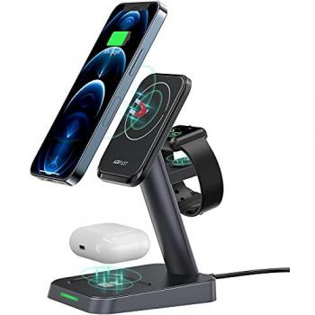 Cargador Inalámbrico 3 en 1 Acefast E3 de 15 W con Soporte Magnético para iPhone, Apple Watch y AirPods, Color Negro