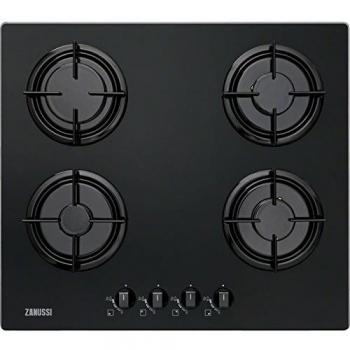 Zanussi ZGO65414BA Placa de gas, Gas on Glass, 4 fuegos, Mandos Frontales Giratorios, Entendido electrónico, Parrillas esmaltadas, Termopar de Seguridad, Negro, 60 cm