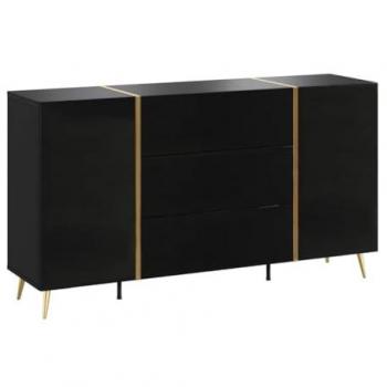 Aparador MARZIALO con 2 puertas y 3 cajones - Negro Brillante y Dorado