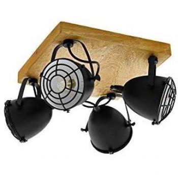Foco de Techo Gatebeck Cuadrado 4 Luces E14 Vintage Industrial en Madera y Metal Negro