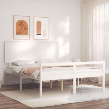 Cama para ancianos con cabecero blanco rey de madera maciza, estructura de cama matrimonio con cabecero de madera maciza blanca Vidaxl