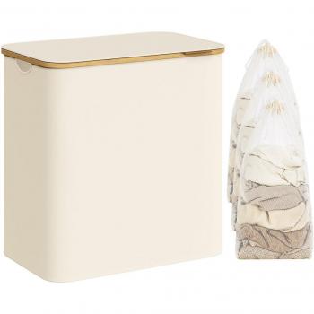 Cesto de Ropa Sucia con Tapa y 3 Secciones - Cesta de Colada Plegable de 150L, Forro de Malla Extraíble, Tejido Oxford, Asas de Bambú, Dimensiones