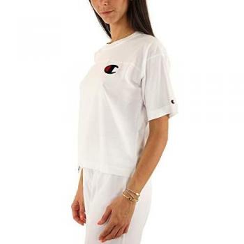Camiseta Cropped Champion Mujer Blanca de Terciopelo con Logo Lateral, Cómoda y Transpirable