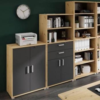 Pack 3 Estanterías Oficina Venture Con Puertas Abatibles Estilo Industrial Color Roble Artesano y Gris Oscuro