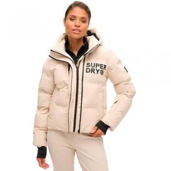 Chaqueta Boxy Acolchada con Capucha Superdry para Mujer en Beige, Casual y Sostenible, Nylon Reciclado