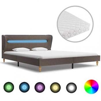 vidaXL Cama Matrimonio Luz LED Estructura Acero + Colchón Funda + Somier Láminas Cabecero Tapizada Tela 180x200 cm MDF Patas Madera Maciza Gris Topo