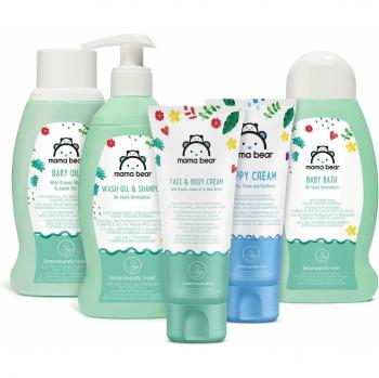 Marca Amazon- Mama Bear  Set para los bebés:  Gel de baño,  champú, crema para el cambio del pañal, aceite, crema para la cara y el cuerpo