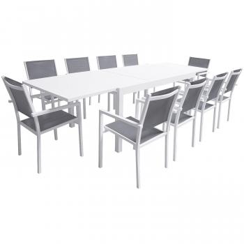 Conjunto de jardín extensible Happy Garden Venezia 180/300cm mesa de aluminio blanco y textileno gris para 10 plazas