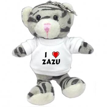 Gato gris de peluche (llavero) con Amo Zazu en la camiseta (nombre de pila/apellido/apodo)