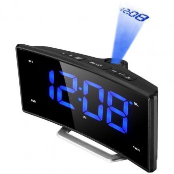 Despertador Proyector, Pictek Radio Despertador Digital con Proyector [Pantalla Curva, Brillo Ajustable] 2 '' Pantalla LED, Alarmas Dual, Radio FM, Temporizador de Sueño, Función Snooze, Carga USB
