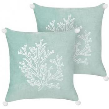 Conjunto de 2 cojines cuadrados de terciopelo verde menta con motivo coral marino y relleno de poliéster 45 x 45 cm Nori
