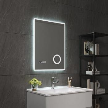Espejo de pared LED Lizzano multifuncional para baño con antivaho y lupa, 80 x 60 cm, blanco