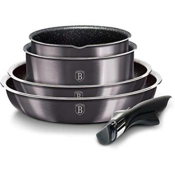 Batería de Cocina Berlinger Haus Carbon Pro Inducción 9 Piezas, Aluminio Forjado Antiadherente sin PFOA, Mango Extraíble Intercambiable, Tapas de Cristal y Herméticas,