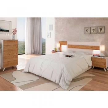 Composición de dormitorio Soto Andersen/Roble con estructura de madera, acabado en roble, diseño moderno, incluye cama matrimonial, dos mesitas de noche y un armario amplio