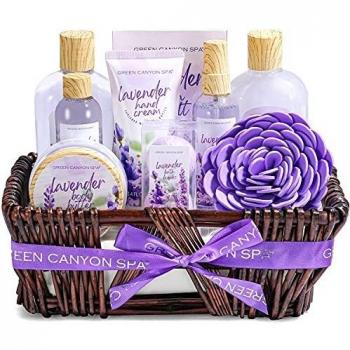 Cestas de Regalo para Mujer, Green Canyon Spa Set de Baño Mujer Caja SPA Regalo a Aroma de Lavanda con 10 Piezas Set de Spa para Hogar Relajante Incluye Gel de Ducha, Bombas de Baño, Loción Corporal