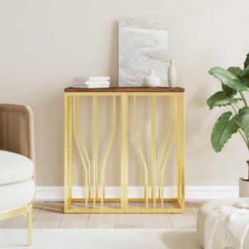 Mesa de café y consola en acero inoxidable dorado con madera maciza reciclada