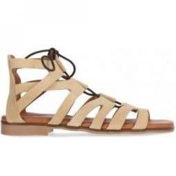 Chika10 New Carla 08 Sandalias Planas de Piel para Mujer con Cierre de Cordones en Color Beige