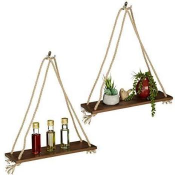Estantes Flotantes de Madera con Cuerda, Set de 2, Decorativos para Cocina y Dormitorio, 49 x 43 x 13 cm, Marrón - Relaxdays