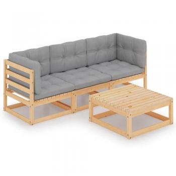 4-Piece Solid Pine Garden Lounge Set with Cushions