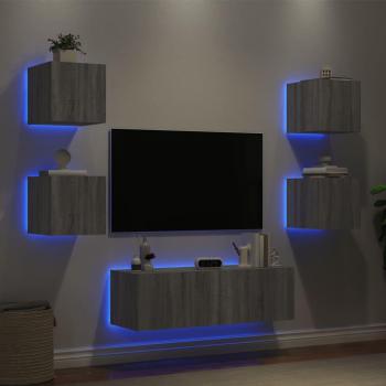 Mueble de TV de pared con luces LED 5 piezas en gris Sonoma