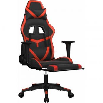 Silla de juego con masaje y reposapiés de cuero sintético negro y rojo