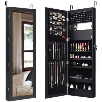 LED Light Mirror Jewelry Cabinet, Wall- or Door-Mounted - Black