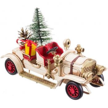 Figura de Navidad coche de metal blanco y dorado de 10 cm