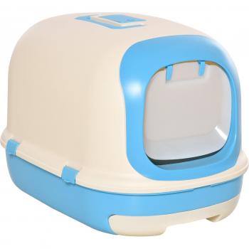 Arenero para gatos PawHut con asa de transporte, doble fondo, bandeja extraíble, pala y filtro de carbón 63x43x43 cm en color beige y azul