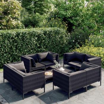 9-Piece Dark Grey Poly Rattan Garden Lounge Set with Cushions