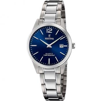 Reloj Festina Classics F20509/3 para Mujer, Caja de Acero Inoxidable 316L Plateado, Esfera Azul