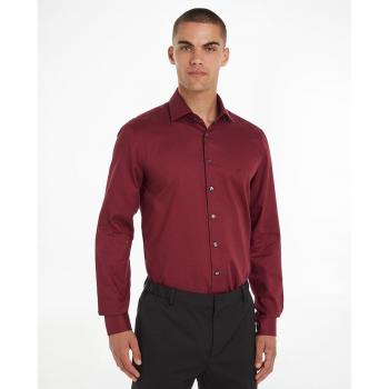 Calvin Klein - Camisa de hombre, 100% algodón, corte ajustado, manga larga, cuello clásico, diseño liso, cierre de botones frontal
