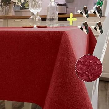Iycnkok Mantel Antimanchas Rectangular Manteles Mesa Impermeable Tela 140x300 cm Lavable Efecto Lino Rojo, 4 Pinzas Incluidas, Table Cloth Elegante para Comedor Exterior Cocina Jardin Navidad Fiesta