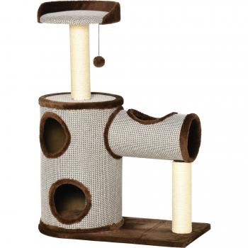 Árbol Rascador para Gatos Mediano Altura 104 cm con Barril, Cama Superior, Túnel y Postes de Sisal - Marrón