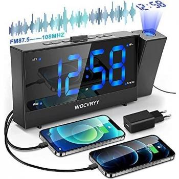 Despertador Proyector Techo, Radio Despertador con Radio FM, Función Snooze Alarma Dual, Giratorio 180°, 0-100% Niveles de Brillos, 12/24 Horas, Doble Puerto de Carga USB