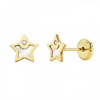 Pendientes Oro 18k Niña Estrella Nácar Circonita Borde Liso Punta