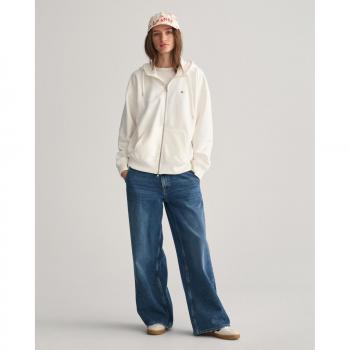 Sudadera con capucha y cremallera Gant Shield para mujer - Corte relajado, color blanco (eggshell) con bordado gráfico en el pecho