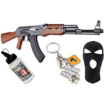 PAQUETE COMPLETO CON ACCESORIOS - Rifle para airsoft, modelo AK47-GTA , con resorte , 0,5 julios, color negro/marron, recarga manual
