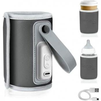 Calentador de Biberones Portátil Lionelo Thermup Go Gris Plata - Temperatura Constante hasta 24h - Carga USB