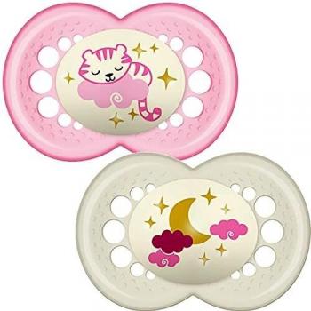 Intrucciones en lengua extranjera - MAM - Conjunto de 2 chupetes que brillan en la oscuridad, con esterilizable estuche de viaje, 12 meses, Rosa