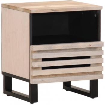 Mesita de noche de madera maciza de mango blanqueado, dimensiones 40x34x46 cm, set de 1 unidad, ideal para habitación y salón, estilo auxiliar