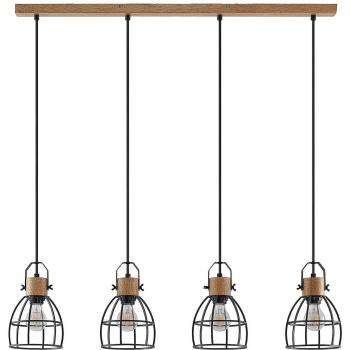 Lámpara colgante Lindby Flintos, 4 luces, diseño vintage en metal negro y madera clara, tipo E27, ideal para salón y comedor