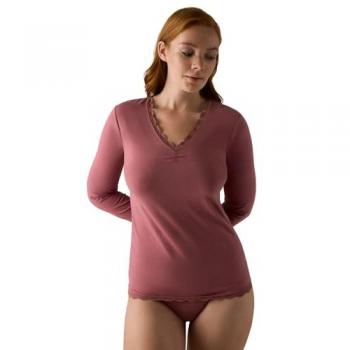 Camiseta Manga Larga de Algodón con Cuello Pico y Detalle de Encaje Rosa Ysabel Mora