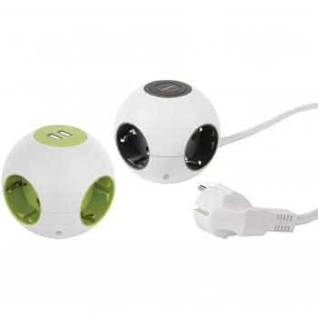 Base múltiple REV 0015408102, 1,4 m, 2 salidas AC Interior, Enchufe Redondo PowerGlobe, 2 x USB, 3500 W, Blanco-Verde