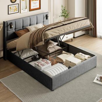 Cama Matrimonial 160x200 cm con Almacenamiento, Tapizada en Terciopelo Gris, Diseño de Remaches y Luz de Lectura Inteligente