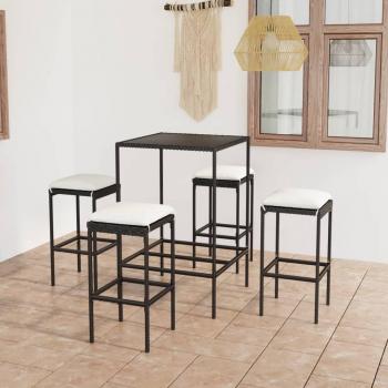 5-Piece Black Poly Rattan Garden Bar Set with Cushions